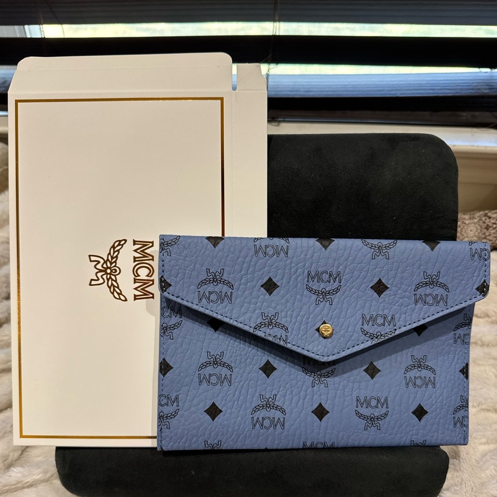 MCM Blue Monogram Leather Clutch NIB